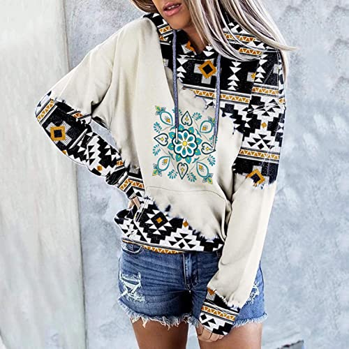 Baralonly Womens Casual Ethnic Style Hooded Sweatshirt Geometric Horse Print Long Sleeve Drawstring Pullover Tops