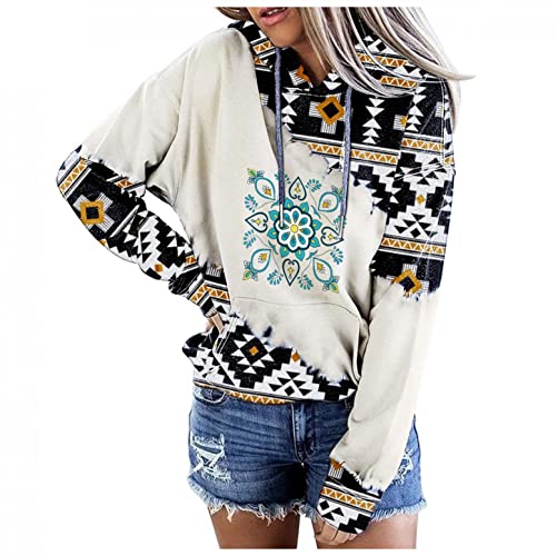 Baralonly Womens Casual Ethnic Style Hooded Sweatshirt Geometric Horse Print Long Sleeve Drawstring Pullover Tops