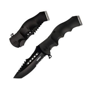 dispatch tactical folding pocket knife black oxide blade, serrated clip point blade, tanto point for outdoor rescue camping hiking edc