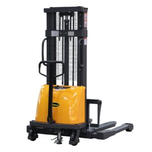 economy semi electric pallet stacker 98inch lifting height material lifter for warehouse 3300lbs capacity straddle legs with adjustable forks