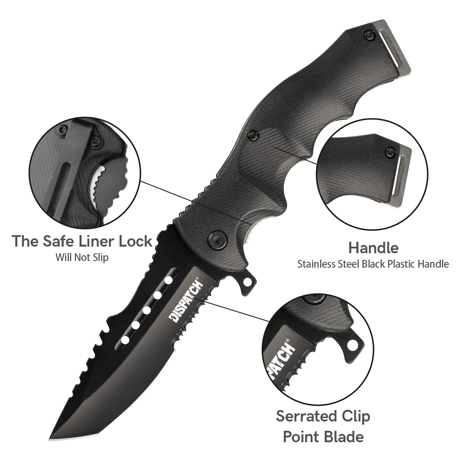 Dispatch Tactical Folding Pocket Knife Black Oxide Blade, Serrated Clip Point Blade, Tanto Point for Outdoor Rescue Camping Hiking EDC