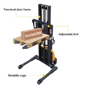 Economy Semi Electric Pallet Stacker 98inch Lifting Height Material Lifter for Warehouse 3300lbs Capacity Straddle Legs with Adjustable Forks