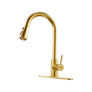 mitcent kitchen faucet with pull down sprayer 16 inch, champagne bronze, with deck plate, high arc single handle, 1 or 3 holes, stainless steel for kitchen sink