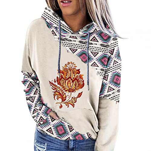 Baralonly Womens Casual Ethnic Style Hooded Sweatshirt Geometric Horse Print Long Sleeve Drawstring Pullover Tops