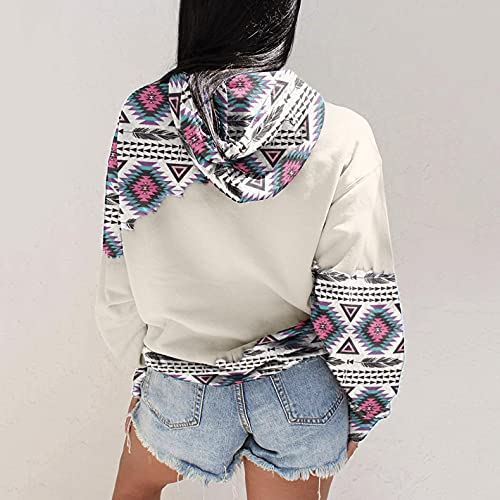 Baralonly Womens Casual Ethnic Style Hooded Sweatshirt Geometric Horse Print Long Sleeve Drawstring Pullover Tops