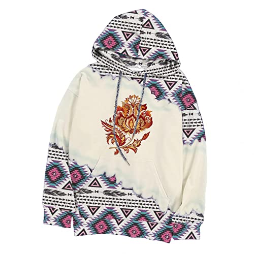 Baralonly Womens Casual Ethnic Style Hooded Sweatshirt Geometric Horse Print Long Sleeve Drawstring Pullover Tops