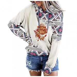 Baralonly Womens Casual Ethnic Style Hooded Sweatshirt Geometric Horse Print Long Sleeve Drawstring Pullover Tops