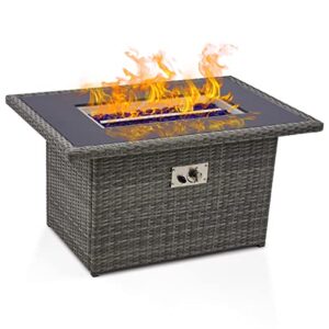 rectangular fire pit table, 40 inch propane fire pit table, pe wicker, fire stone wind guard rain cover included, hidden tank holder, black tempered glass tabletop, 55,000 btu