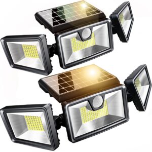 doolv security solar motion lights outdoor, 214 leds 1500lm spot flood light-wide adjustable 360° 3 heads with 3 modes, wireless motion sensor 35ft- ip65 waterproof solar powered 2200mah (2 pack)