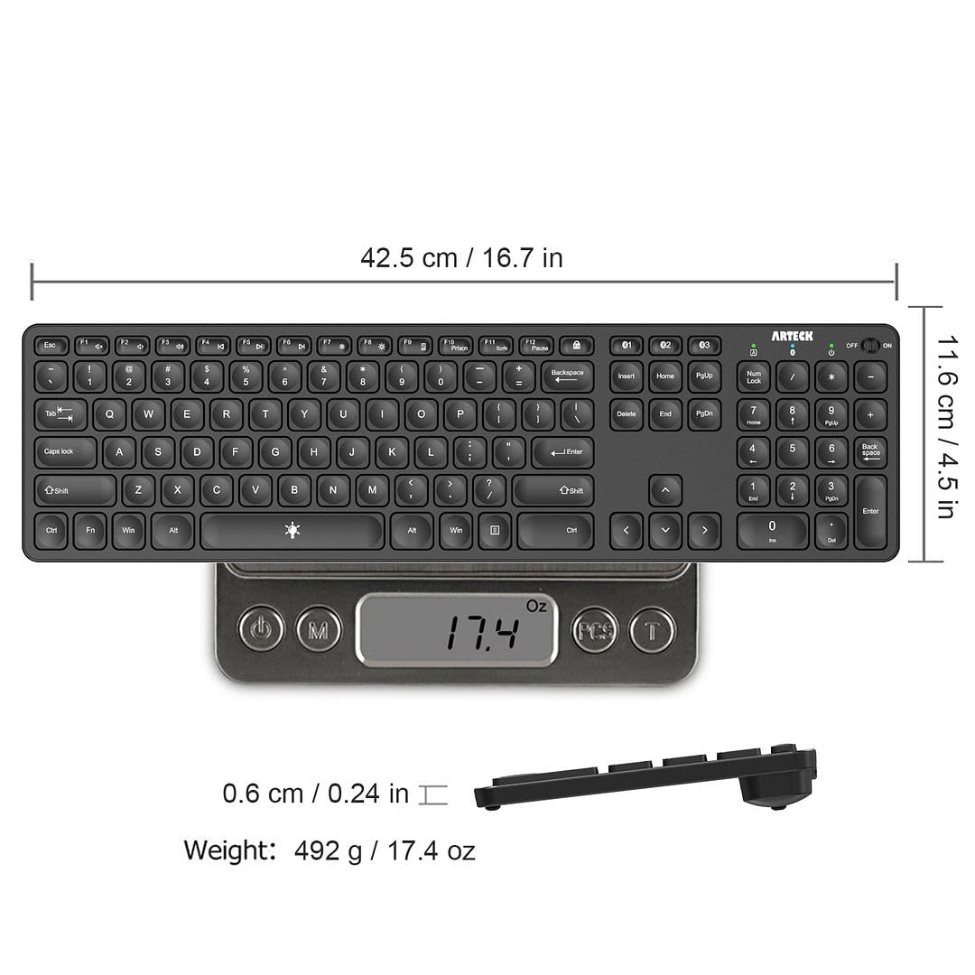 Arteck Universal Backlit 7-Colors & Adjustable Brightness Multi-Device Full Size Wireless Bluetooth Keyboard for Windows, iOS, iPad OS, Android, Computer Desktop Laptop Surface Tablet Smartphone