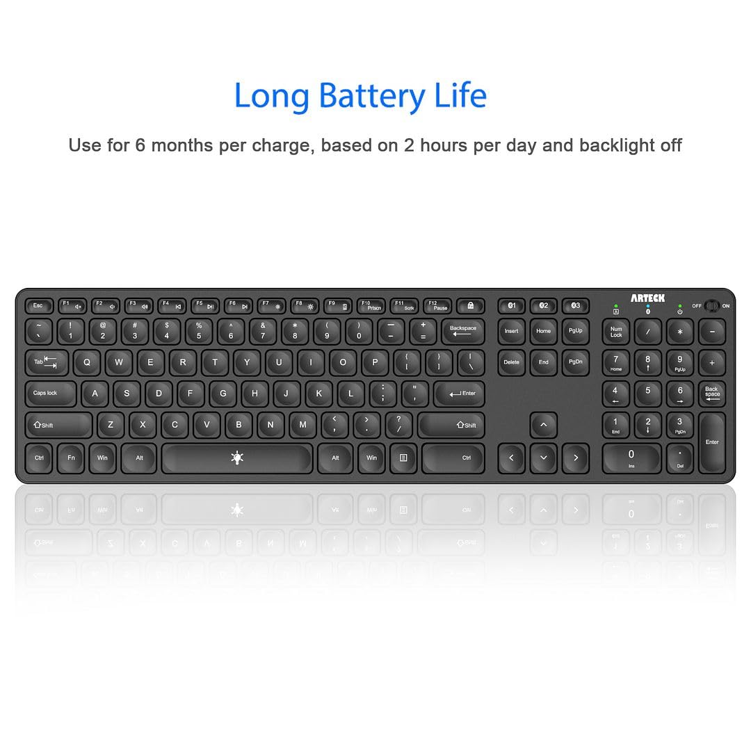 Arteck Universal Backlit 7-Colors & Adjustable Brightness Multi-Device Full Size Wireless Bluetooth Keyboard for Windows, iOS, iPad OS, Android, Computer Desktop Laptop Surface Tablet Smartphone