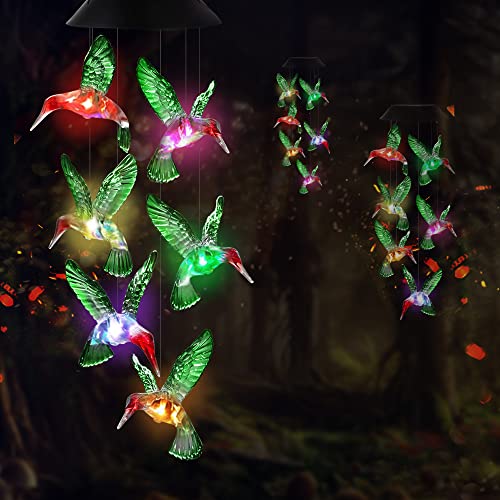 Hummingbird Solar Wind Chimes, OkayGoo Hummingbird Solar Lights Outdoor Wind Chimes Color Changing Hummingbird Gifts for Mom Grandma Christmas Decoration (Green)