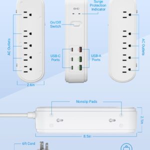 PD 40W USB C Power Strip Surge Protector, 10 Outlets and 6 USB Ports, Flat Plug Desktop USB C Super Fast Charging Station QC 18W Power Bar with 6ft Extension Cord for Home/Office, 1875W/15A, 4500J