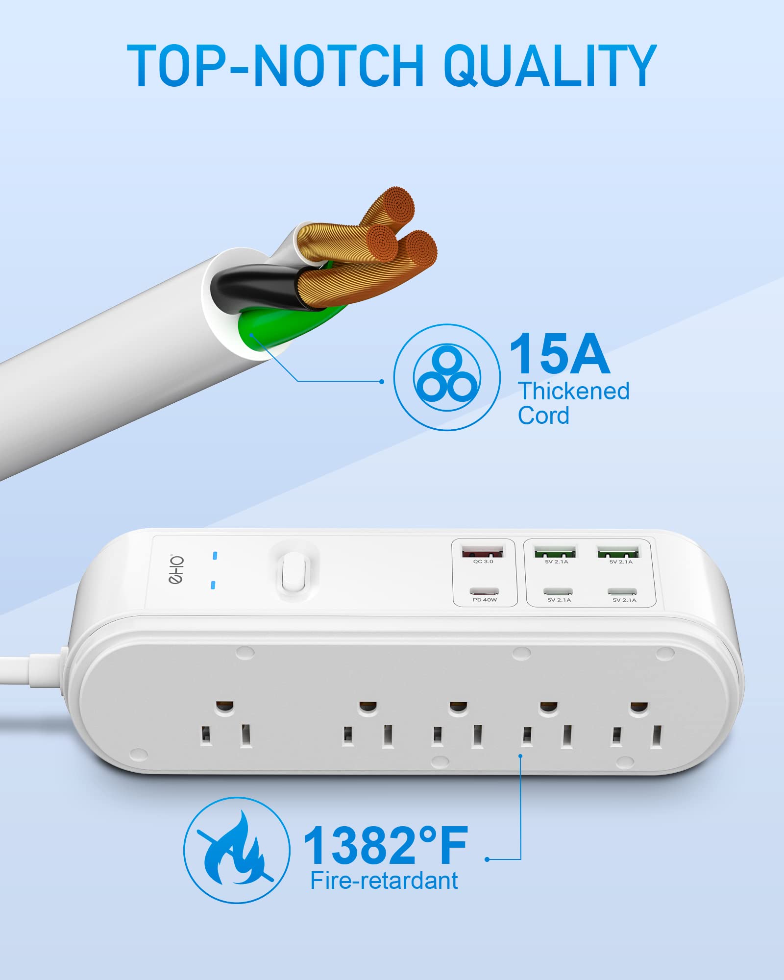 PD 40W USB C Power Strip Surge Protector, 10 Outlets and 6 USB Ports, Flat Plug Desktop USB C Super Fast Charging Station QC 18W Power Bar with 6ft Extension Cord for Home/Office, 1875W/15A, 4500J