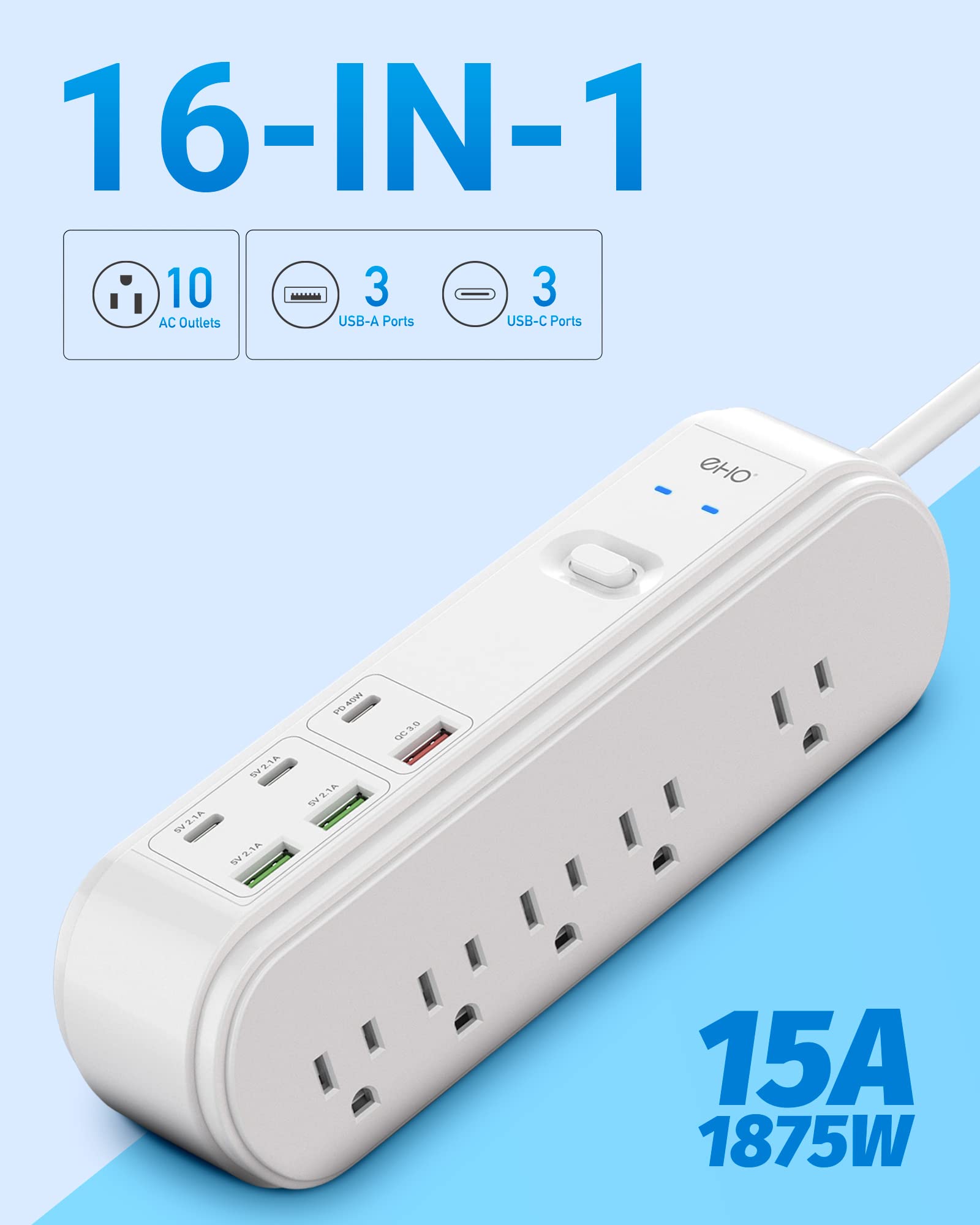 PD 40W USB C Power Strip Surge Protector, 10 Outlets and 6 USB Ports, Flat Plug Desktop USB C Super Fast Charging Station QC 18W Power Bar with 6ft Extension Cord for Home/Office, 1875W/15A, 4500J