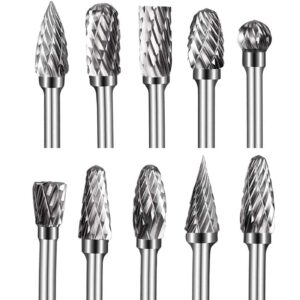 double cut tungsten carbide carving bits for rotary tool, 10 pcs rotary burr set with 1/8 inch shank and 1/4 inch grinding head for diy, woodworking, engraving, metal carving, drilling, polishing