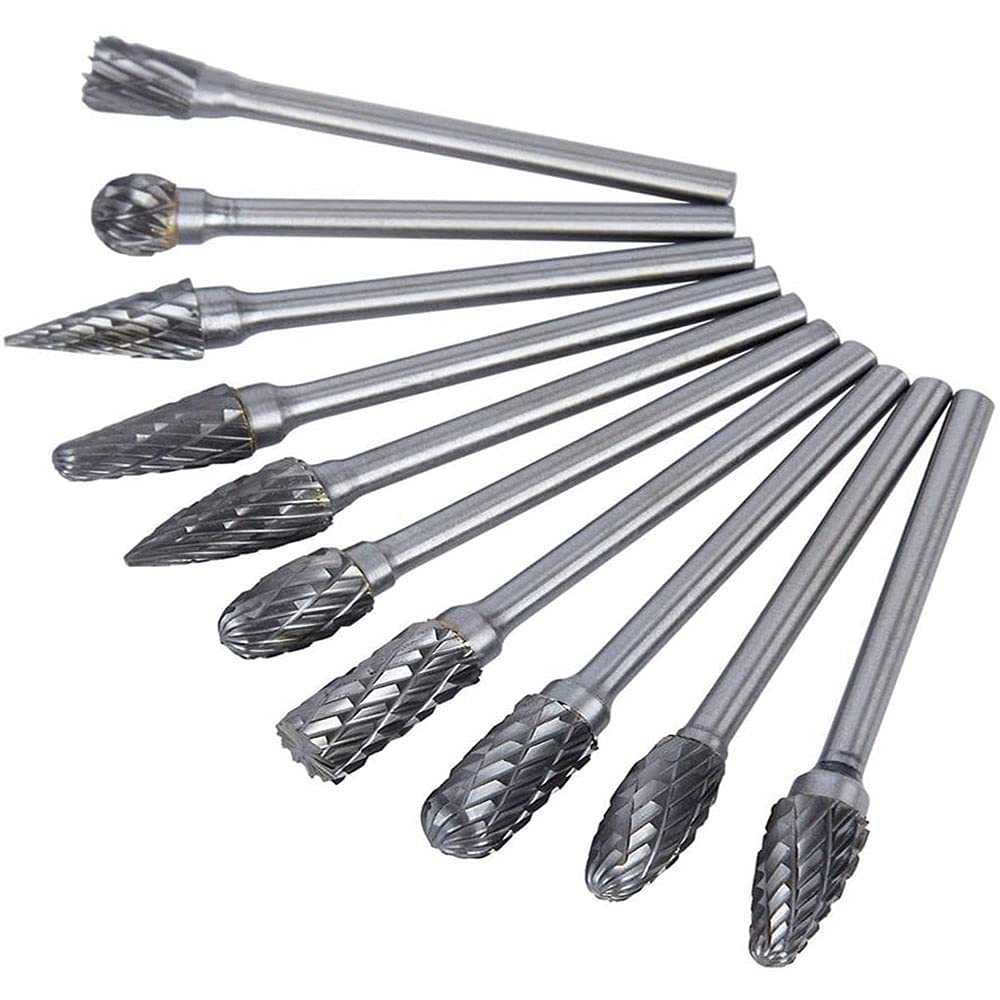 Double Cut Tungsten Carbide Carving Bits for Rotary Tool, 10 Pcs Rotary Burr Set with 1/8 inch Shank and 1/4 inch Grinding Head for DIY, Woodworking, Engraving, Metal Carving, Drilling, Polishing