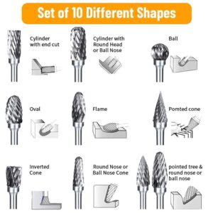 Double Cut Tungsten Carbide Carving Bits for Rotary Tool, 10 Pcs Rotary Burr Set with 1/8 inch Shank and 1/4 inch Grinding Head for DIY, Woodworking, Engraving, Metal Carving, Drilling, Polishing