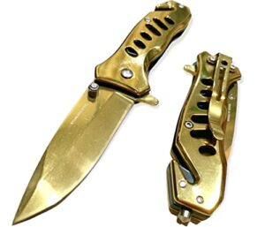 super knife 6.75" gold coated spring assisted open blade edc folding pocket knife, straight edge blade (gold)