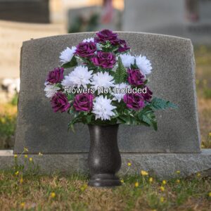 Everlasting Silk Flowers Cemetery Vase with Stakes - Plastic Flower Vases with 2 Ground Spikes, Draining Holes - For Garden, Lawn, Yard - Memorial Grave Decorations - 13x3.5x3.9”, Black Granite Design