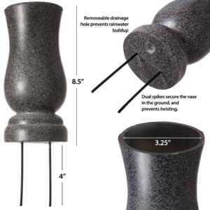 Everlasting Silk Flowers Cemetery Vase with Stakes - Plastic Flower Vases with 2 Ground Spikes, Draining Holes - For Garden, Lawn, Yard - Memorial Grave Decorations - 13x3.5x3.9”, Black Granite Design