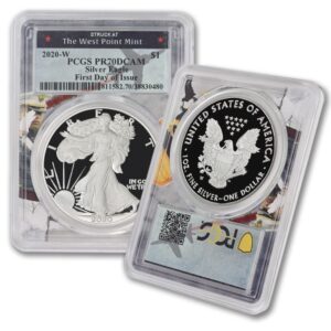2020 w 1 oz proof american silver eagle coin pr-70 deep cameo (first day of issue - struck at the west point mint frame) $1 pcgs pr70dcam