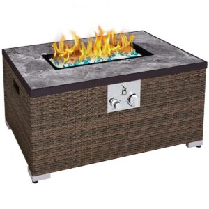 aj enjoy 32'' propane fire pit table, marble textured ceramic tabletop, 50,000 btu fire table with brown wicker, mix color glass rocks, including lid&cover, rectangle, tank required to be kept outside