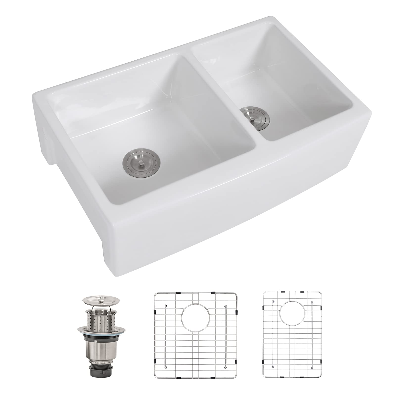 33 Farmhouse Sink Double Bowl, Dcolora 33 Inch Farm Kitchen Sink Apron Front Double Bowl 60/40 White Fireclay Ceramic Farm Kitchen Sink Basin (33"x21"x10")