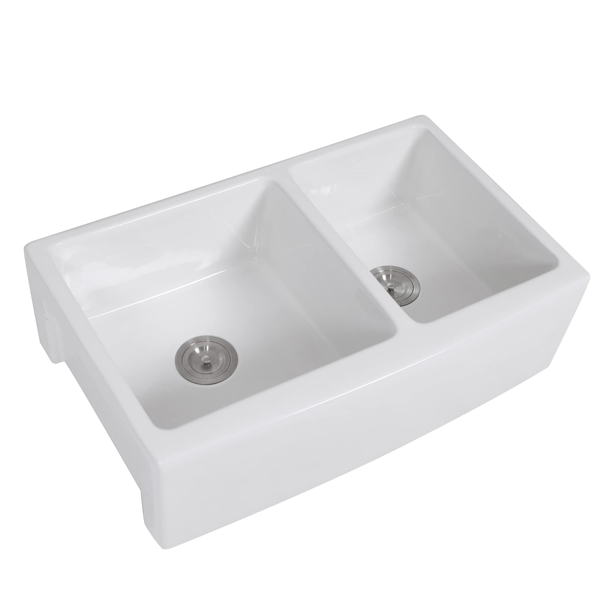 33 Farmhouse Sink Double Bowl, Dcolora 33 Inch Farm Kitchen Sink Apron Front Double Bowl 60/40 White Fireclay Ceramic Farm Kitchen Sink Basin (33"x21"x10")