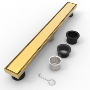 WEBANG 24 Inch Shower Linear Gold Drain Rectangular Floor Drain with Accessories Reversible 2-in-1 Cover Tile Insert Grate Removable SUS304 Stainless Steel CUPC Certified Brushed Gold Brass