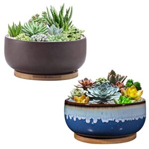 epfamily 8 inch succulent planter with drainage hole and saucer for plants round shallow bonsai planter pot decorate home office and indoor