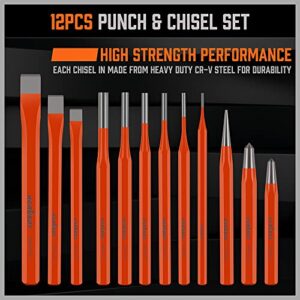 HORUSDY 12-Piece Punch and Chisel Set, Including Taper Punch, Cold Chisels, Pin Punch, Center Punch