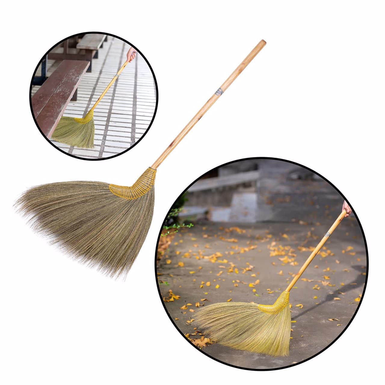 39-inch Tall of Asian Straw Broom Witch Broom Thai Natural Grass Broom with Solid Wood Handle and Handgrip Nylon Thread