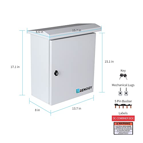 Renogy 5 String PV Combiner Box for On/Off-Grid Solar Panels System, w/Built-in DIN Rail, Labels, Cold-Formed Steel