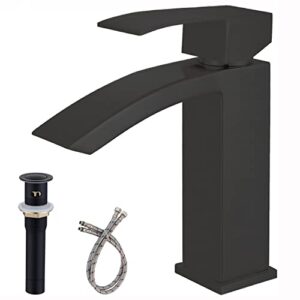 friho matte black waterfall bathroom faucet, single handle black bathroom sink faucet 1 hole basin vanity sink faucet with pop up drain and water hoses