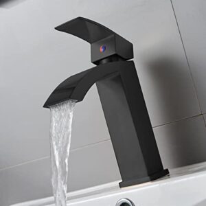 Friho Matte Black Waterfall Bathroom Faucet, Single Handle Black Bathroom Sink Faucet 1 Hole Basin Vanity Sink Faucet with Pop Up Drain and Water Hoses