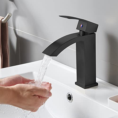 Friho Matte Black Waterfall Bathroom Faucet, Single Handle Black Bathroom Sink Faucet 1 Hole Basin Vanity Sink Faucet with Pop Up Drain and Water Hoses