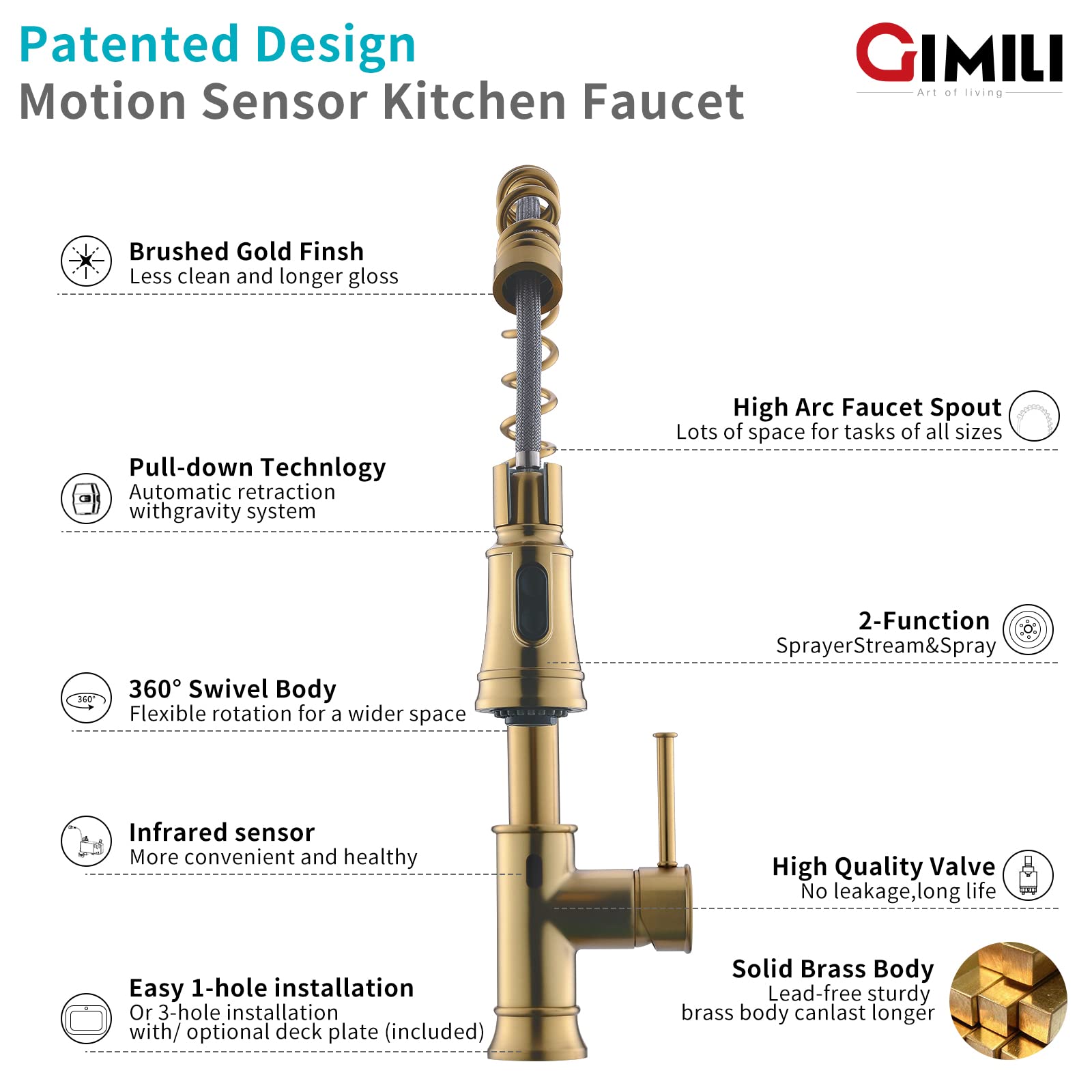 GIMILI Gold Touchless Kitchen Faucet with Pull Down Sprayer, Brushed Brass Motion Sensor Smart Hands-Free Activated Single Hole Spring Faucet for Kitchen Sink