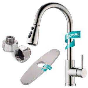kicimpro kitchen faucet with pull down sprayer brushed nickel, high arc single handle kitchen sink faucet with faucet plate and 1/2 to 3/8 reducer