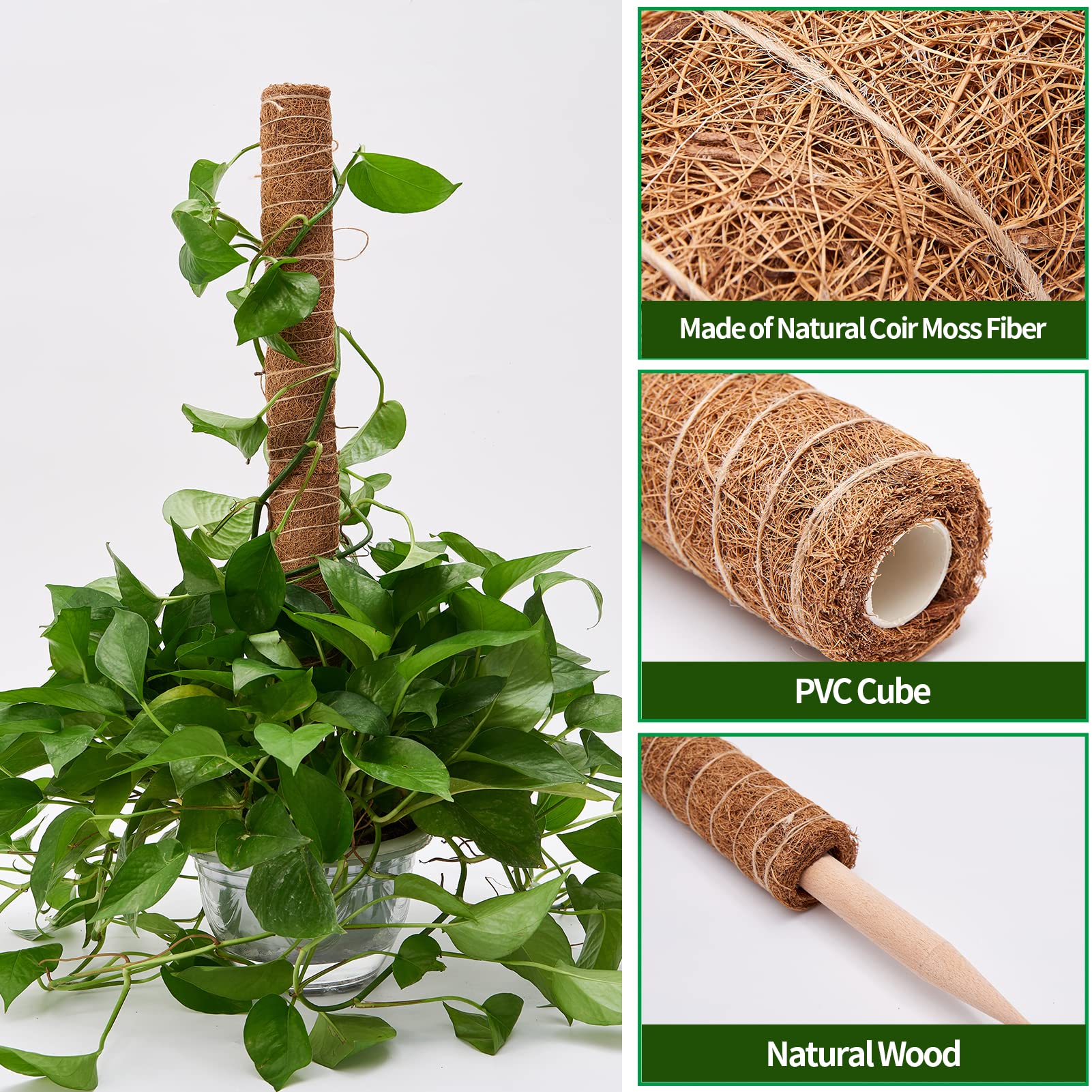 Eibikdi 6 Pcs Moss Pole Extending to 68 Inches for Plants Monstera, Plant Support Stakes for Indoor Climbing Plants Grow Upwards, with 65ft Twist Ties, 13ft Jute Rope, 6.5ft Hook-and-Loop Strip