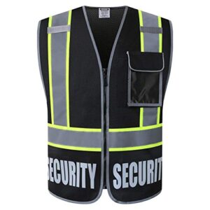 hataunki retro-reflection security safety vests heavy duty black mesh with 5 pockets and front zipper meet ansi/isea 107-2015 (black-22, 3x-large)