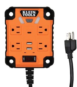 klein tools 29601 magnetic power strip with surge protector, extension cord, 4 outlets, 3 usb ports, 5-foot cord, power supply box with light, powerbox 1, heavy duty