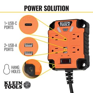 Klein Tools 29601 Magnetic Power Strip with Surge Protector, Extension Cord, 4 Outlets, 3 USB Ports, 5-Foot Cord, Power Supply Box with Light, PowerBox 1, Heavy Duty