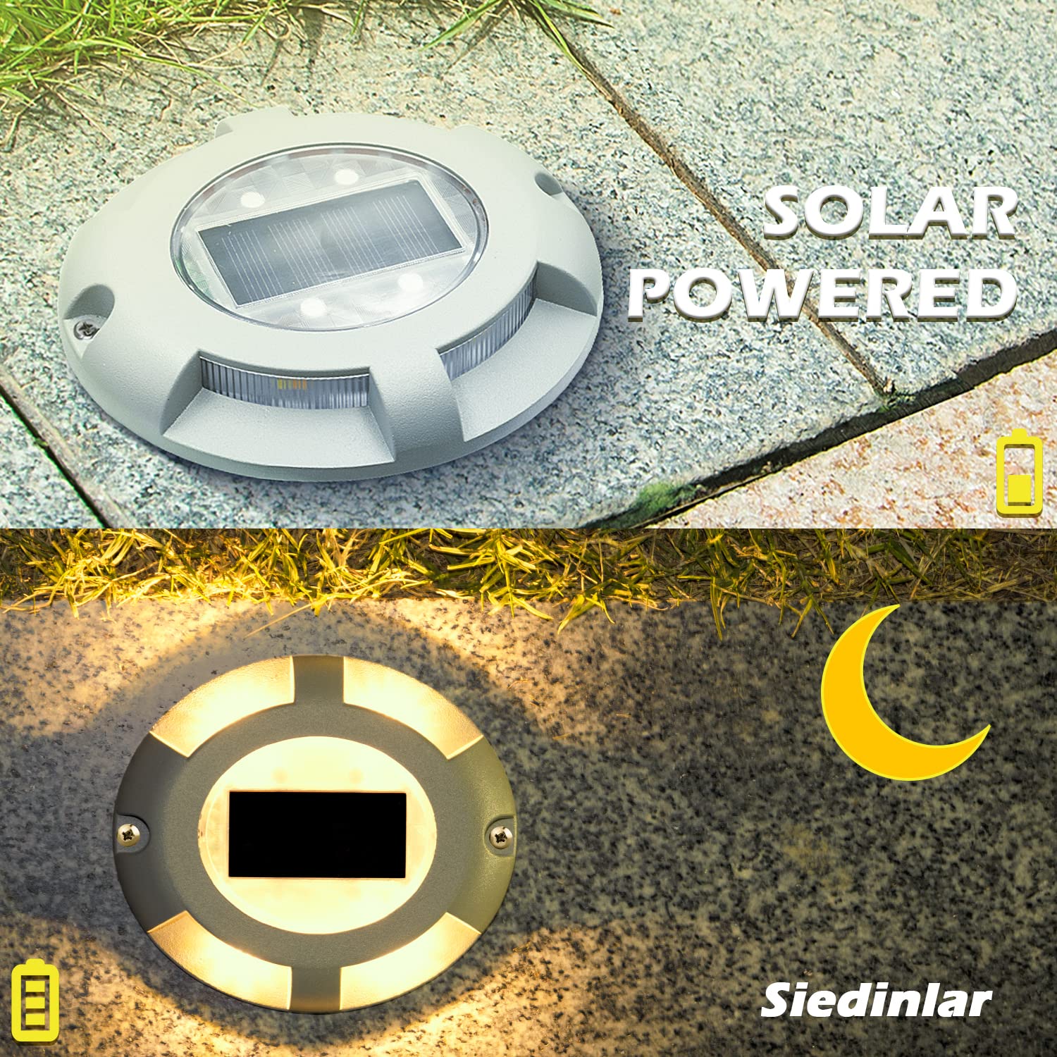 SIEDiNLAR Solar Deck Lights Driveway Dock LED Light Solar Powered Outdoor Waterproof Road Markers for Pathway Step Stair Garden Ground Sidewalk Yard 4 Pack (Warm White)