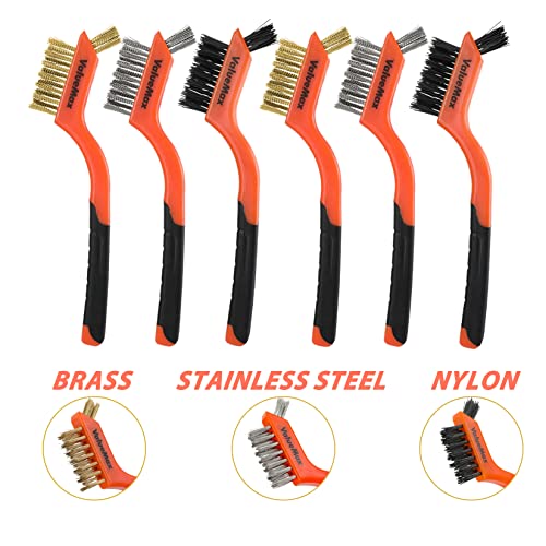 ValueMax Wire Brush Set, 8Pcs Stainless Steel/Brass/Nylon Bristles with Curved Handle Grip, Heavy Duty Stainless Steel Wire Scratch Brush with Beechwood Handle for Rust, Dirt and Paint Cleaning