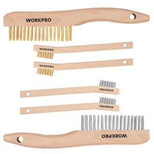 workpro wire brush set, 6 pcs brass/stainless steel wire scratch brush set, small large size with beechwood handle for cleaning rust, paint and welding slag