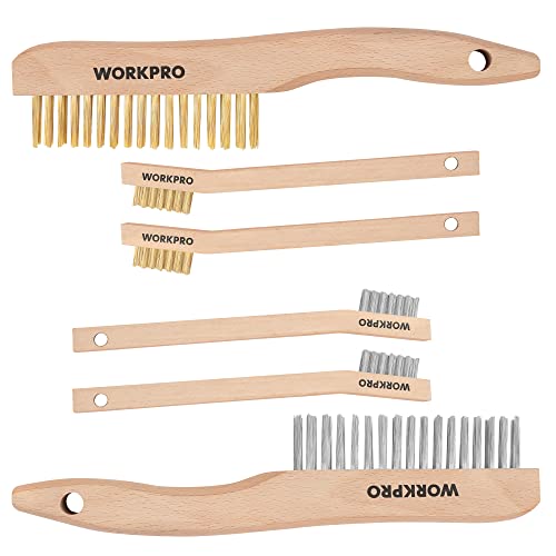 WORKPRO Wire Brush Set, 6 Pcs Brass/Stainless Steel Wire Scratch Brush Set, Small Large Size with Beechwood Handle for Cleaning Rust, Paint and Welding Slag