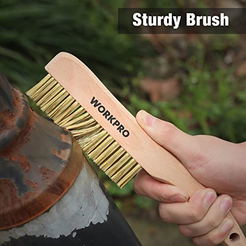 WORKPRO Wire Brush Set, 6 Pcs Brass/Stainless Steel Wire Scratch Brush Set, Small Large Size with Beechwood Handle for Cleaning Rust, Paint and Welding Slag