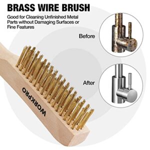 WORKPRO Wire Brush Set, 6 Pcs Brass/Stainless Steel Wire Scratch Brush Set, Small Large Size with Beechwood Handle for Cleaning Rust, Paint and Welding Slag