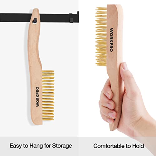 WORKPRO Wire Brush Set, 6 Pcs Brass/Stainless Steel Wire Scratch Brush Set, Small Large Size with Beechwood Handle for Cleaning Rust, Paint and Welding Slag